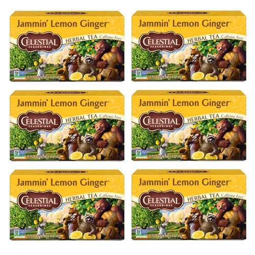 Celestial Seasonings Jammin' Lemon Ginger Herbal Tea, Caffeine Free, 20 Tea Bags Box, (Pack of 6)