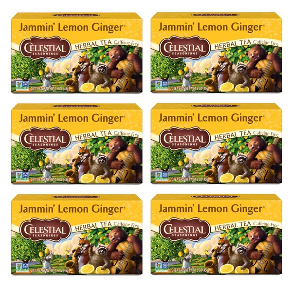 Celestial Seasonings Jammin' Lemon Ginger Herbal Tea, Caffeine Free, 20 Tea Bags Box, (Pack of 6)