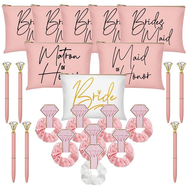 24 Pcs Bridesmaid Gifts Set Include 8 Brides Bridesmaid Canvas Makeup Bags Matron of Honor Bag 8 Hair Scrunchies Satin Hair Band 8 Diamond Pen for Bridal Shower Wedding (Pink, White, Words)