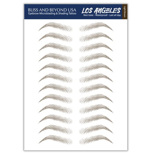 Bliss and Beyond USA | Waterproof Eyebrow Tattoo Stickers. A real hair stroke look. Hair replacement without surgery. Solution for hair loss. Bushy eyebrow tattoos. (New Los Angeles, Light Brown)