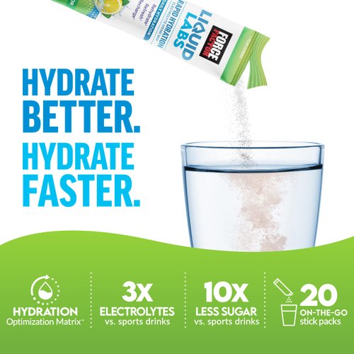 FORCE FACTOR Liquid Labs Electrolytes Powder Packets—Lemon Lime—Hydration Packets to Make Electrolyte Water with 5 Essential Electrolytes, Vitamins, Minerals, and Antioxidants, 20 Stick Packs