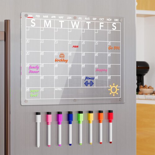 Neatsure Acrylic Magnetic Dry Erase Board Calendar for Fridge, Clear Monthly Planner for Refrigerator, w/ 8 Colors Dry Erase Markers, 15"x11"
