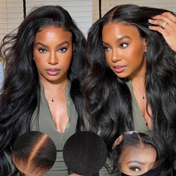 KLAIYI Bye Bye Knots Glueless Wig Yaki Straight 7x5 Pre Cut Lace Front Wigs Human Hair Put On and Go Wigs for Beginners Pre Bleached Pre Plucked No Glue 30S Easy to Wear Kinky Wigs for Women 18Inch