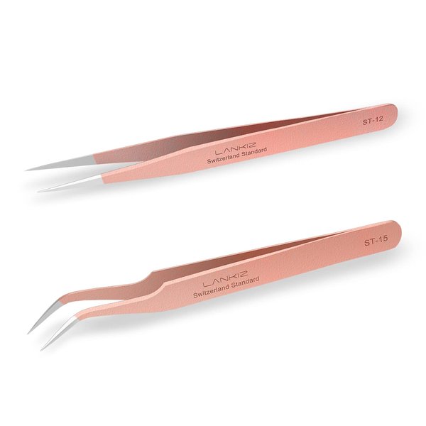 LANKIZ Eyelash Extension Tweezers Stainless Steel Straight and Curved Volume Lash Tweezers Set for Eyelash Extension Professional-Rose Gold