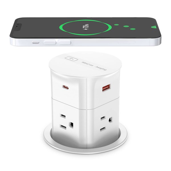 ANNQUAN Automatic Pop Up Countertop Outlet with 15W Wireless Charger,4 AC, 2 USB A and 2 USB C,Max 20W Power Delivery 3.15inch Desk Power Grommet,9-in-1 Power Strip for Home/Office(White)