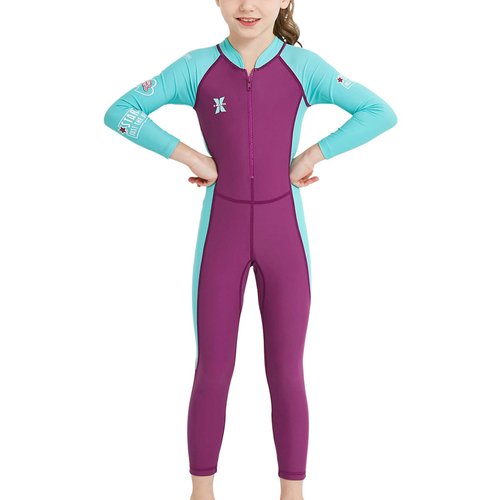 DIVE&SAIL Boys Long Sleeve One Piece Swimsuit Sun Protective Wetsuit Rash Guard Diving Swimming Suit Rose L