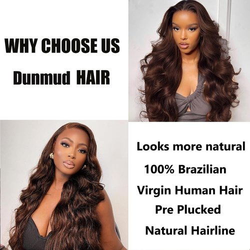 Dunmud 26 Inch Chocolate Brown Lace Front Wigs Human Hair for Black Women Pre Plucked Glueless Wigs Human Hair 13x4 Body Wave Brown Lace Frontal Wig Human Hair Wigs 180% Density