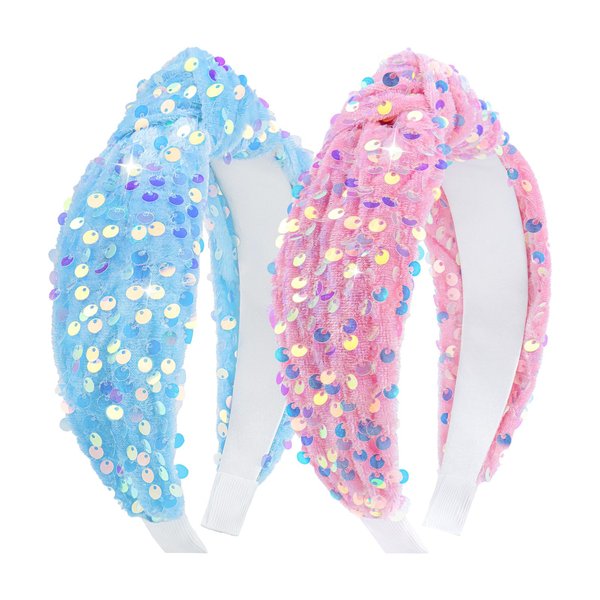 Lanmerry Headbands for Girls Sequin Knot Headband Women Glitter Headbands Non Slip Girl Hair Accessories Pink Headband Wide Head Bands Sparkle Headbands Blue Hairbands