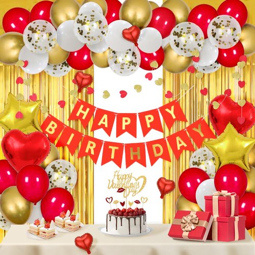 MSMANCY Red and Gold Birthday Decorations for Women with HAPPY BIRTHDAY Banner Curtains Heart Star Balloons for 16th 18th 21st 30th 40th 50th 60th Birthday Party Supplies (Red-gold)