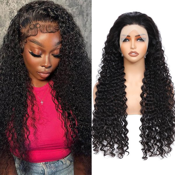 PUNUBO 13x6 Deep Wave Lace Front Wigs Human Hair Glueless Wigs Human Hair 180% Density HD Transparent Lace Front Wigs Human Hair Pre Plucked Bleached Knots Curly Lace Front Wig Human Hair 20 Inch