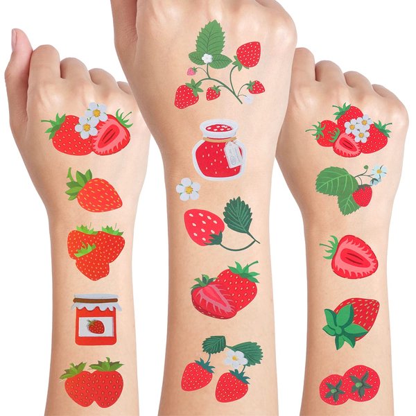 24 Sheets Strawberry Temporary Tattoos, Birthday Decorations Strawberry Party Favors