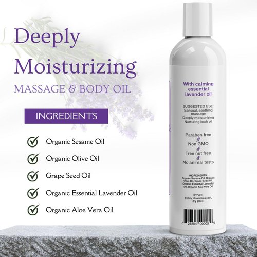 Aloe Cadabra Body Massage Oil for Men, Women, Couples, Relaxing Therapeutic Massage, Aromatherapy, Moisturizing Bath & Body Oil with Lavender Essential Oil (8 Fl Oz)