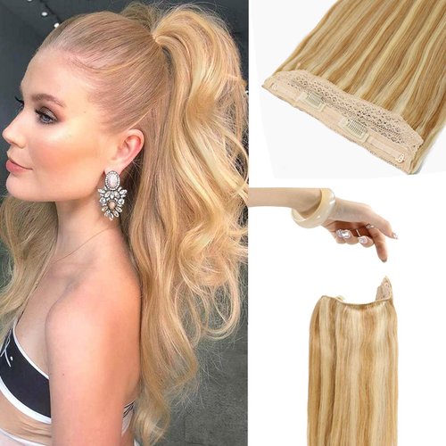 UGOTRAYS 20 Inch Wire Hair Extensions Blonde Silky Straight Real Hair Highlighted Light Golden Brown and Light Blonde Wire Hairpiece Extensions Secret Wire Hair Extensions with Clips One Piece 100g
