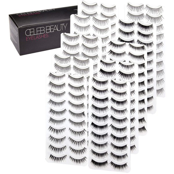 Celeb Beauty Eyelash Splashes 100 Pair Faux Lashes Variety Pack – Reusable Fake Eyelashes in 10 Styles – Hypoallergenic Strip False Lashes Set with Soft Natural, Fluttery Wispies, & Dramatic Falsies