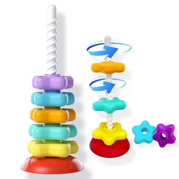 CZOALX Baby Spinning Stacker Toys for Toddlers 1-3, Stacking Rings Montessori Toys for Babies 6-12 Months, Spinning Rainbow Tower Learning Sensory Autism Brain Spin Again Toy One Year Old Boy Girl