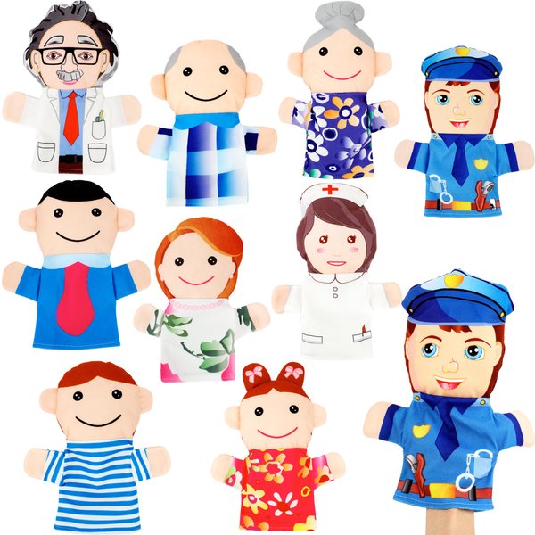 9 Pcs Family Puppets Profession People Hand Puppet Plush Grandparents Mom Dad Brother Sister Police Scientist Nurse Puppets for Kids Adults Storytelling Teaching Role Play