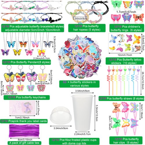 Ecally 171 Pcs Butterfly Party Favors for Girls Butterfly Keychain Hairpins Stickers Bracelet Ring Necklace Tattoo Straws Plastic Cups with Dome Lids Tag for Kids Butterfly Birthday Party Supplies