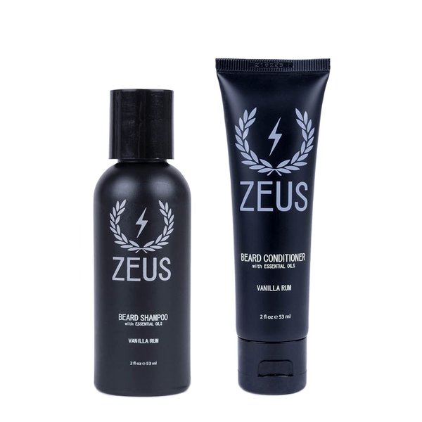 ZEUS Travel Size Beard Wash & Beard Conditioner Set for Men – Soften, Hydrates & Moisturizes - MADE IN USA (Vanilla Rum)