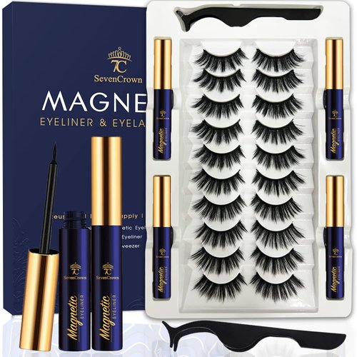 7C SevenCrown 3D Magnetic Eyelashes with Eyeliner, Cat-Eye Magnetic Lashes Natural Looking with 4 Tubes of Magnetic Liner ,Upgraded Waterproof, Long Lasting,10 Pairs Reusable False Eyelashes,