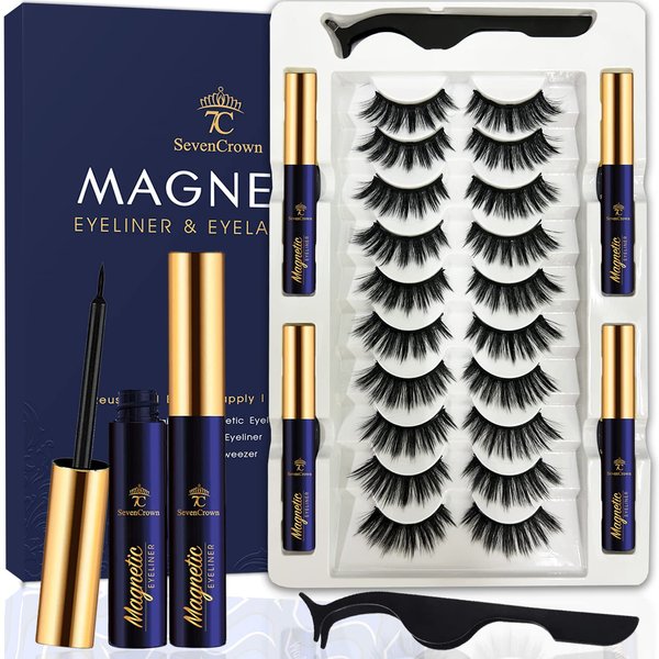 7C SevenCrown 3D Magnetic Eyelashes with Eyeliner, Cat-Eye Magnetic Lashes Natural Looking with 4 Tubes of Magnetic Liner ,Upgraded Waterproof, Long Lasting,10 Pairs Reusable False Eyelashes,