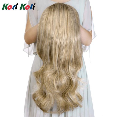 24" Long Straight Wavy Clip in Half Head Tied Wig Blonde Synthetic Hair Extensions For Women 210g 8-22#