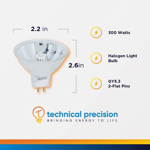 Technical Precision 300W 120V Projector Bulb Replacement for Eversmart Carousel 600h MR16 Halogen Lamp - GY5.3 2 Flat Pins - 3350K - 1 Pack