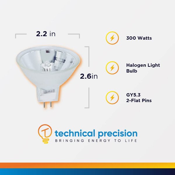 Technical Precision 300W 120V Projector Bulb Replacement for Eversmart Carousel 600h MR16 Halogen Lamp - GY5.3 2 Flat Pins - 3350K - 1 Pack