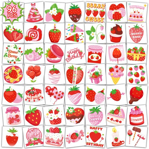 Konsait Strawberry Temporary Tattoos, 96Pcs Berry Sweet Strawberry Shortcake Birthday Party Decorations Tattoos, Strawberry Party Favors & Strawberry Goodie Bag Stuffers, 48 Design