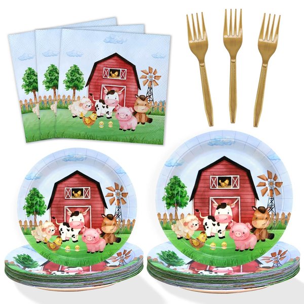 Lopeastar 100Pcs Farm Birthday Decorations Plates Set for 25 Guests, Barnyard Animal Plates Napkins and Forks Baby Shower Party Supplies