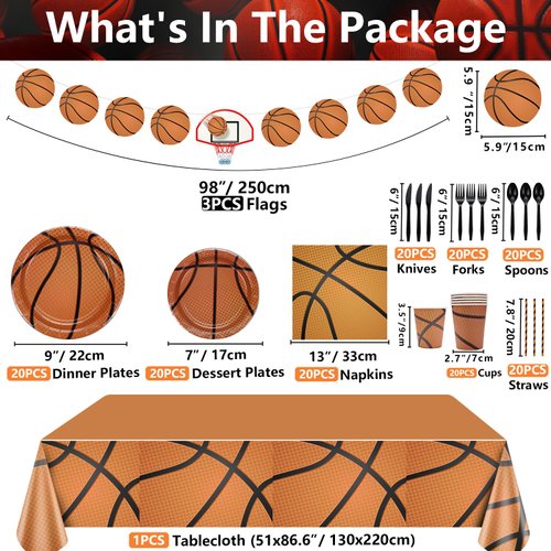 Basketball Party Decorations, Basketball Birthday Party Supplies, Include Plates, Basketball Banner, Tablecloth, Napkins, Cutlery, for Kids Boys Basketball Fans Birthday, Serves 20
