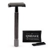 QSHAVE Butterfly Open Long Handle Double Edge Safety Razor for Men or Women, Nostalgic (1 Razor + Leather Protective Sleeve + 5 pcs Titanium Coated Blades)