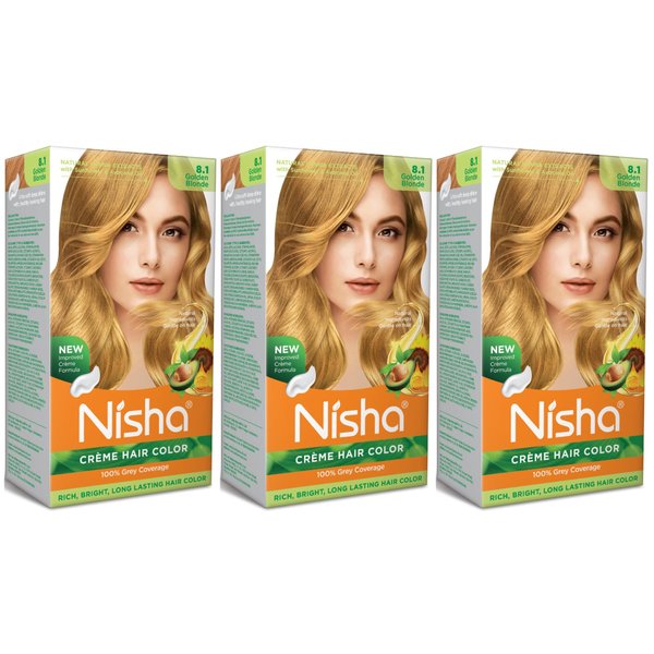 Nisha Creme Permanent Hair Color 100 percent Gray Coverage Hair Dye Easy to Apply Long Lasting Hair Colouring For Ultra Soft Deep Shine Conditioning With Natural Herbs Pack of 3 (Golden Blonde)