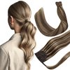 Hetto Long Ponytail Extension Human Hair #4/27 Dark Brown Highlighted Caramel Blonde Wrap Around Ponytail Human Hair 100g 20 Inch Clip in Ponytail Hair Extensions