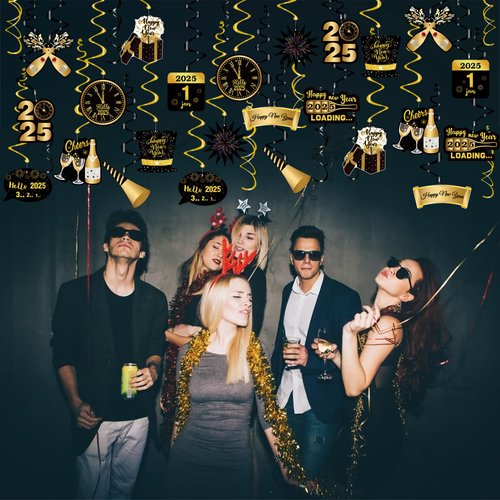 Tifeson Happy New Year Decorations 2025 Hanging Swirls - 36 Pcs Happy New Year Hanging Decorations Indoor - New Year's Eve Party Decorations Supplies 2025 for Home Office Ceiling (Black and Gold)