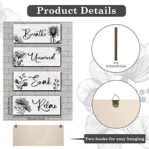 4 Pieces Bathroom Wall Art Rustic Farmhouse Decor Sign Relax Soak Unwind Breathe Wood Hanging Sign for Home Spa Bathroom Laundry Decor