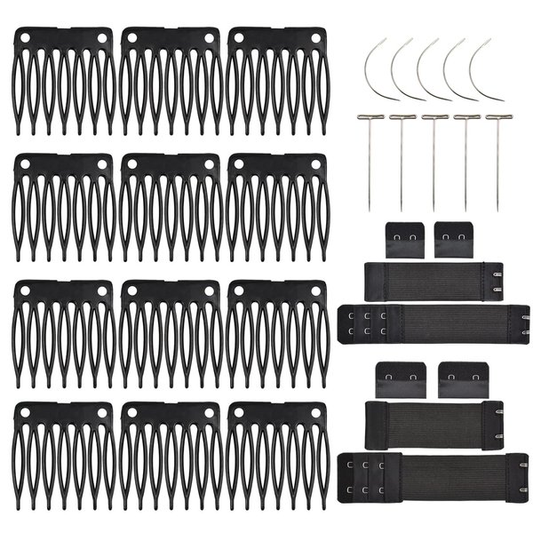 50 Pcs Hair Combs Plastic Clips 7-teeth Wig Combs with 2 Pcs Black Elastic Band 5 Pcs T Pins and 5 Pcs C Curve Needles Sewing