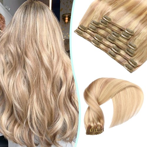 VINBAO 20In Clip In hair Extensions Ash Blonde with Bleach Blonde Silky Long Straight Human Hair 100% Remy Human Hair Salon Quality For Women 120g 6PCS(#18P613, 20)