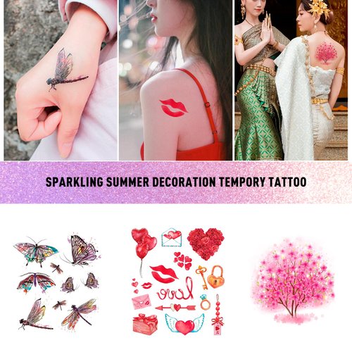 6 Sheet Women DIY Realistic Temporary Tattoos,Strong Adhesive Fake Temporary Tattoo for Birthday Pool Beach Party Decorations Supplies|Girls Face,arm,lower back,Body Waterproof Tattoo Stickers(Pink)