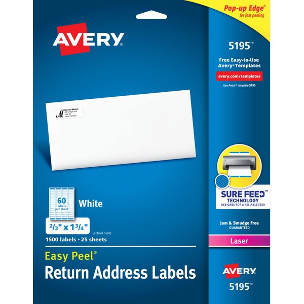 Avery Printable Return Address Labels with Sure Feed, 2/3" x 1-3/4", White, 1,500 Blank Mailing Labels (05195)