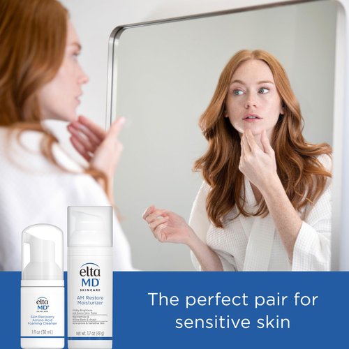 EltaMD AM Restore Face Moisturizer and Skin Recovery Amino Acid Foaming Facial Cleanser Set, For Acne-Prone and Sensitive Skin, 1.7 Fl Oz Moisturizer and 1 Fl Oz Face Cleanser