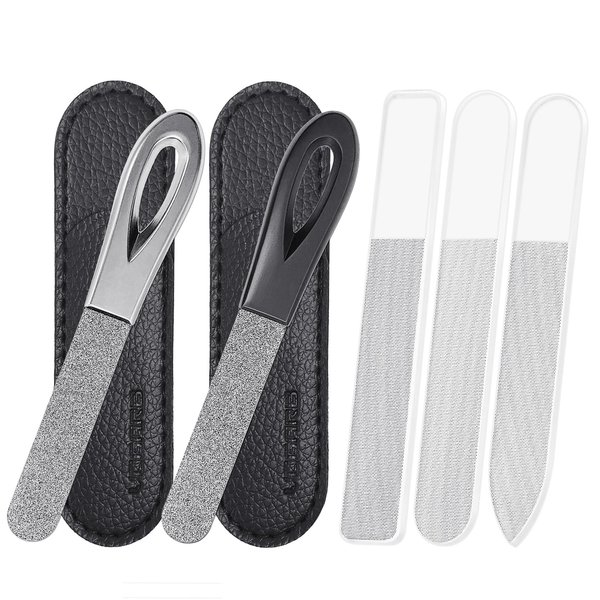 VOGARB 5pcs Nail File Set,Glass and Emery Boards Nail Files Comb for Natural Nails,3.6'' Pocket Size for Grooming Trimming and Polish Fingernail & Toenails(5pcs Set)