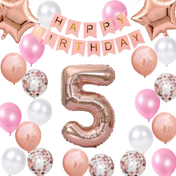 5th Birthday Decorations Rose Gold for Girls, 5th Birthday Banner Balloon for Girls, Number 5 Birthday Star Foil Balloons Latex Confetti Balloons for Girls Her 5 Years Old Birthday Supplies (5th)