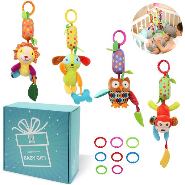 Bloobloomax Baby Soft Hanging Rattle, Car Seat Stroller Toys with Plush Animal C-Clip Ring for Infant Babies Boys and Girls 3 6 9 to 12 Months (12PCS-A)