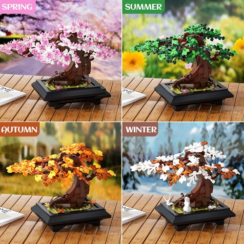 Taojiyuan Bonsai Tree Building Blocks, 4 in 1 Four Seasons Bonsai Tree Building Toy, Plant Collection Home Decoration Building Set DIY Adult Creative Gifts for Girls and Boys（529pcs