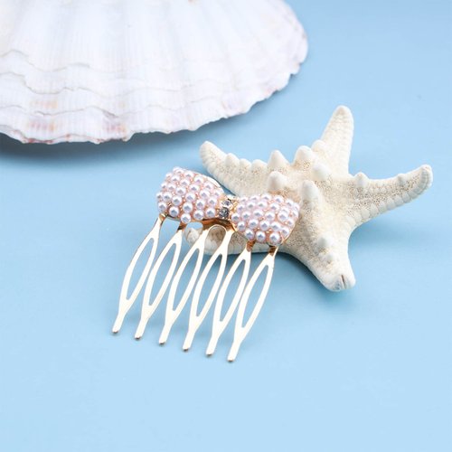 Aneneiceera Boho Pearl Hair Comb Barrette Gold Pearl Bow Hair Comb Clip Pearls Hair Barrette Decorative Headwear Bridal Hair Comb Pearl Wedding Headpieces Pearl Hair Accessories for Women and Girls
