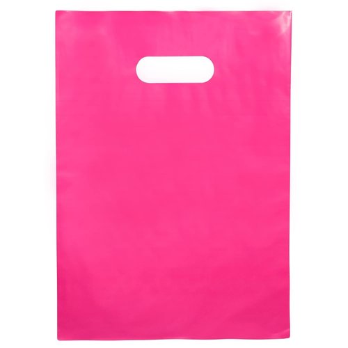 100 Pack of 9 x 12" Pink Plastic Shopping Bag with Die Cut Handle Merchandise Bags with Retail, Great For Merchandise Boutique Retail Glossy Pink Plastic Bags With Handles Cerise Hot