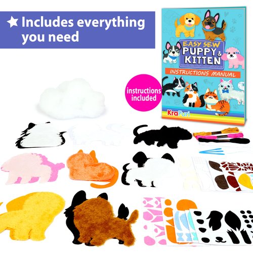 KRAFUN Easy Sewing Kit for Beginner Kids Arts & Crafts, 8 Easy DIY Projects of Stuffed Animal Dolls of Puppies & Kittens, Dogs and Cats, Instructions & Felt, Gift for Girls, Boys, Learn to Sew
