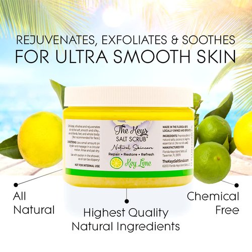 The Keys Sea Salt Scrub - Exfoliating Body Scrub with Wooden Spoon- Foot Scrub and Hand Scrub for men, women - Made with Pure Florida Sea Salt Organic Essential Oils & Nutrients (Key Lime, 12 oz).