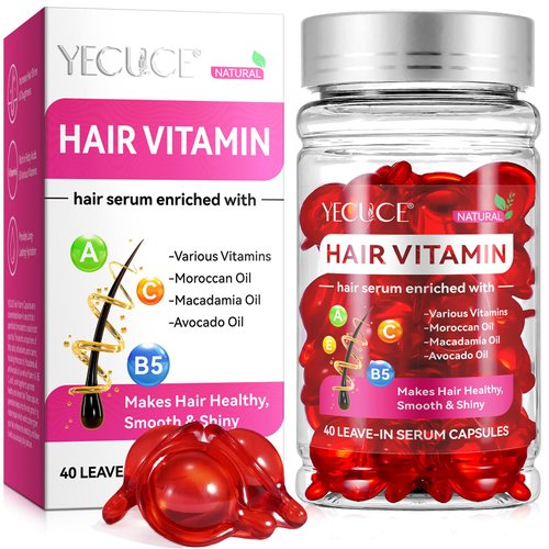 Generic Hair Vitamins, Hair Vitamin Oil Capsules with Avocado Oil, Hair Treatment Serum for Frizzy & Dry Hair, Leave-in Anti Frizz Hair Styling Moisturizing Serum Capsules for Women, 40PCS, Red