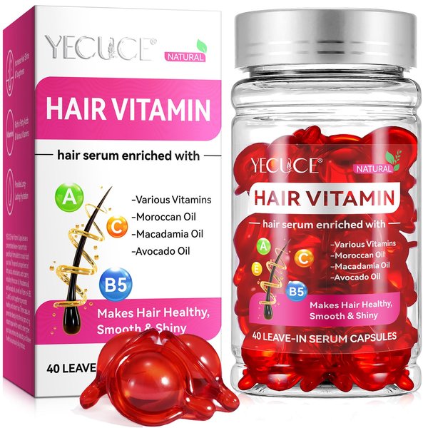Generic Hair Vitamins, Hair Vitamin Oil Capsules with Avocado Oil, Hair Treatment Serum for Frizzy & Dry Hair, Leave-in Anti Frizz Hair Styling Moisturizing Serum Capsules for Women, 40PCS, Red